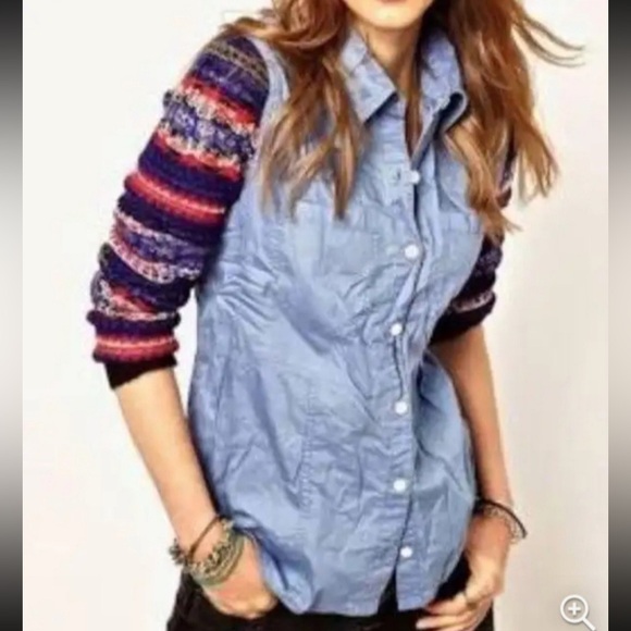 Free People Chambray Denim Knit Sweater   Sleeves - Picture 1 of 7